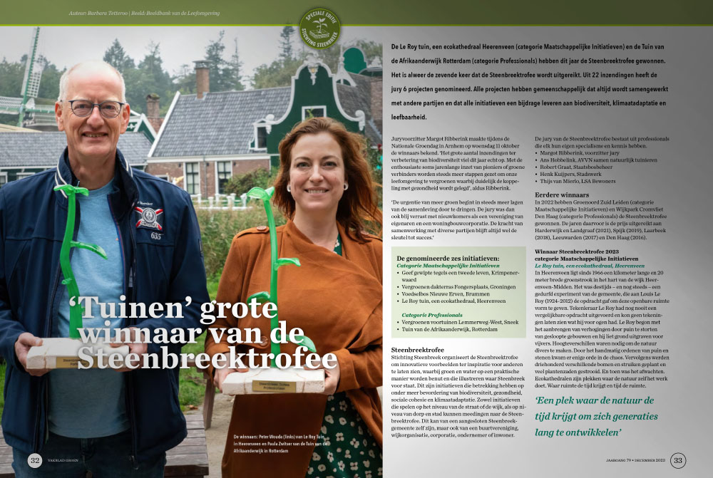 Artikel in Vakblad Groen over Le Roy tuin en steenbreektrofee