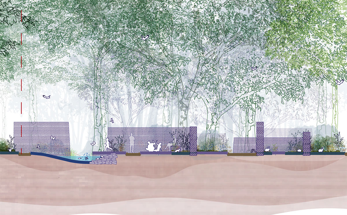 Het ontwerp voor Bostuin X van BOOM Landscape, mede geïnspireerd op de ecokathedralen van Louis Le Roy